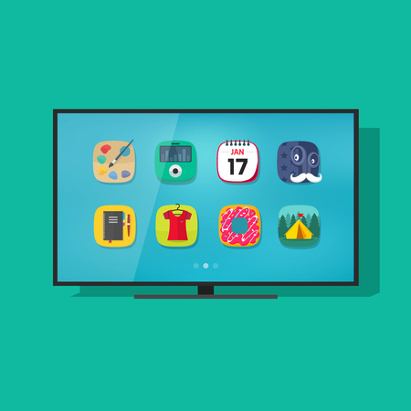 Smart television vector illustration isolated on color background, flat screen tv with smart technology app iconsのイラスト素材