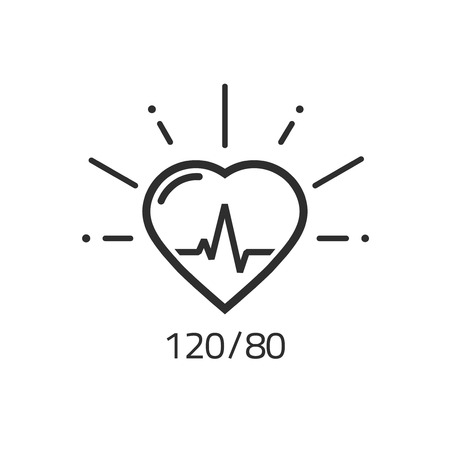 Good health vector outline icon, blood pressure numbers with heart pulse cardiogram, medical pulsometer logo element, heart beat label hospital equipment concept flat black and white line styleのイラスト素材