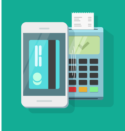 Mobile payment processing wireless technology vector illustration, air pay via mobile phone and nfc pos terminal with receipt, smartphone electronic payment communication, passed transactionのイラスト素材