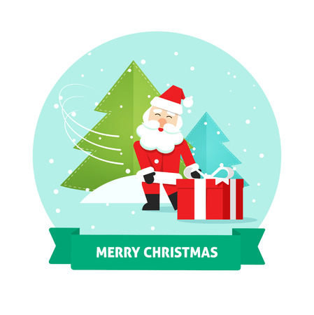 Santa Claus with gift box on snow flakes vector illustration, concept of Merry Christmas card design, New Year gift deliveryのイラスト素材