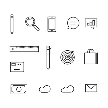 Analytics icons vector illustration, set of sketch line outline style icons, finance or statistics pictograms, pen, magnifier, mobile phone, chart, money, target, cloud, credit card, envelope isolatedのイラスト素材