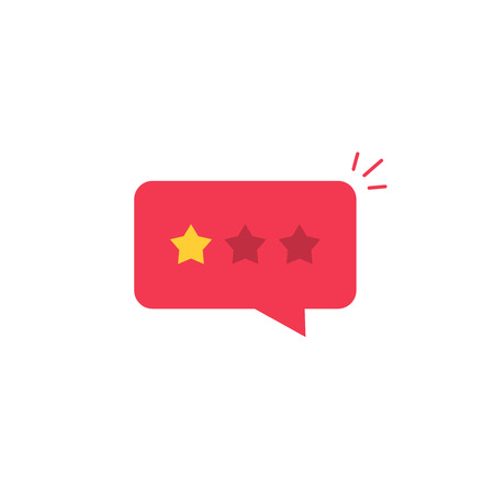 Bad review rating icon vector idea, flat style review stars with negative rate in red chat bubble speech, concept of testimonial message, notification alert, feedback evaluation, quality assessmentのイラスト素材