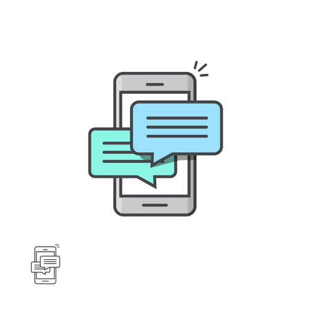 Chat message notifications on smartphone vector icon isolated on white, mobile phone sms, chatting bubble speeches, concept of online talking, speak, conversation, dialog icon line outline styleのイラスト素材