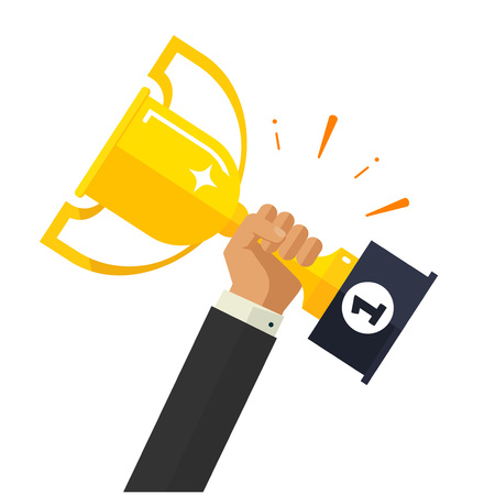 Business goal achievement vector concept, flat style happy successful businessman holding golden cup award in hand, leadership idea, first place prize victory, competition winnerのイラスト素材