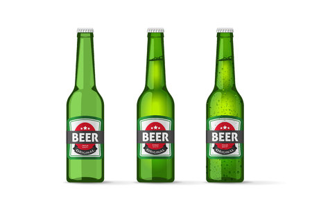 Beer bottles vector objects isolated on white background, realistic full cold and empty green beer bottle.のイラスト素材