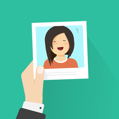 Hand holding paper photo frame with happy girl pic vector illustration flat cartoon style, concept of good time memory, photography of woman person isolatedの写真素材