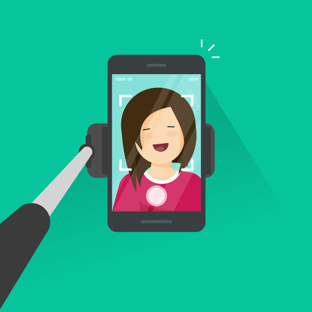 Selfie stick and smartphone making a photo of yourself vector illustration, flat cartoon young happy girl with mobile phone make self photoのイラスト素材