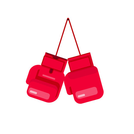 Boxing gloves hanging on rope vector illustration isolated on white background, flat cartoon gloves for box iconの写真素材