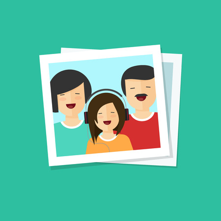Happy family photo vector illustration flat cartoon style, photo of smiling mother, father and kidのイラスト素材