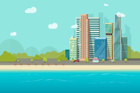 Big city near ocean beach vector illustration design, flat cartoon high city skyscraper buildings from sea view, modern town landscape, urban cityscape or shoreのイラスト素材