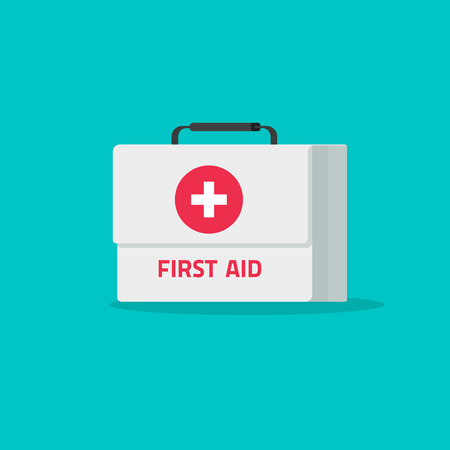 First aid kit isolated vector illustration, flat cartoon medical or pharmacy emergency kit icon, physician or healthcare bag pack idea, medic boxの写真素材