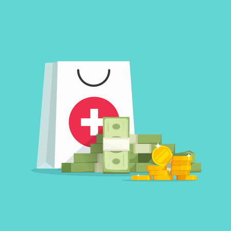 Medicine and money vector concept illustration, flat cartoon money pile with medical or pharmacy bag, expensive medical care, big spendings on drugs prescriptionのイラスト素材