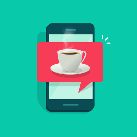 Coffee cup on mobile phone vector illustration, flat cartoon design coffee glass on smartphone, concept of drink order notification on cellphone, delivery app, internet cafeのイラスト素材