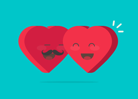 Two happy hearts hugging vector illustration, flat cartoon man and woman heart characters as couple together with smiling faces, lovely embrace symbol, idea of valentines day gift icon, passionのイラスト素材