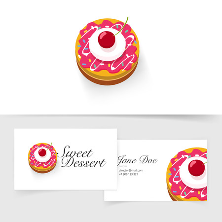Delicious small cake with cherry vector icon or logo concept, flat cartoon sweet desert illustration isolated on white.のイラスト素材