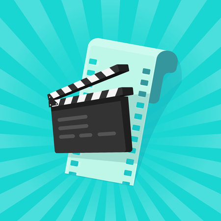 Movie or online cinema concept vector illustration, flat cartoon design of clapper board and film strip.のイラスト素材