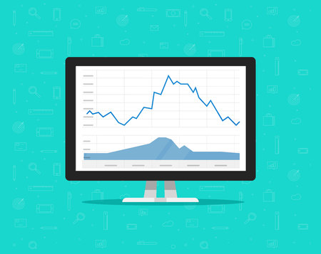 Computer with stocks graphs vector illustration, flat cartoon desktop pc monitor with stock charts on screen, concept or financial trading on markets with statistics dataのイラスト素材