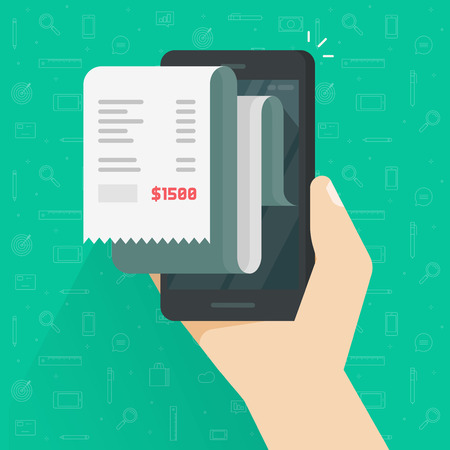 Receipt bill on smartphone vector illustration isolated, flat cartoon design paper invoice on mobile phone, cellphone electronic check on hand, internet banking concept, online tax cheque.のイラスト素材