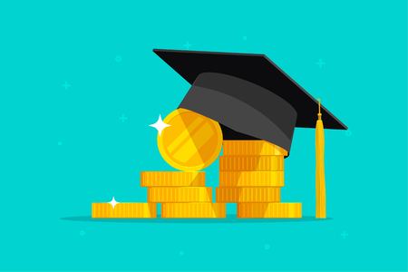 Education and money vector illustration, flat cartoon graduation hat and coins cash, concept of scholarship cost or loan.のイラスト素材