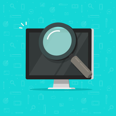 Computer with magnifying glass vector illustration, flat cartoon concept of search or testing technology, pc security research, find information iconのイラスト素材