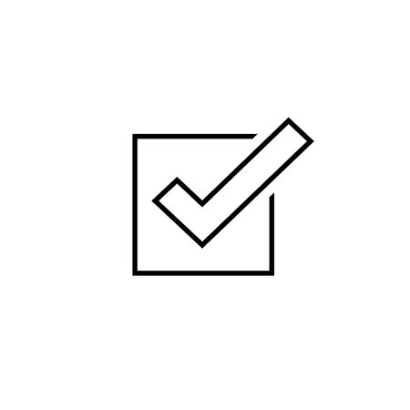 Tick icon vector symbol, line outline checkmark isolated on white background, checked icon or correct choice sign, check mark or checkbox square pictogramの写真素材