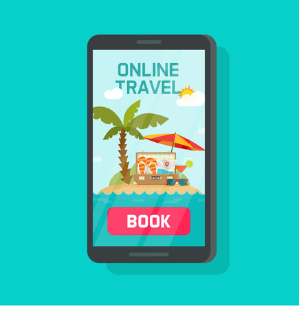 Online travel booking via mobile phone vector illustration, concept or on-line trip or journey book button with smartphone, flat cartoon cellphone with beach resort and sea landscape, holiday serviceのイラスト素材