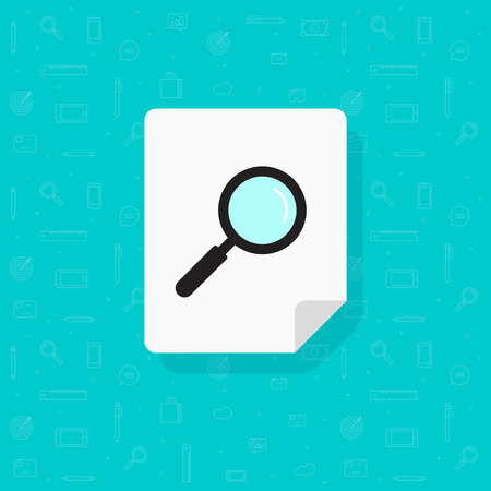 Document search vector icon, flat cartoon paper sheet page doc with magnifier glass isolated symbolの写真素材