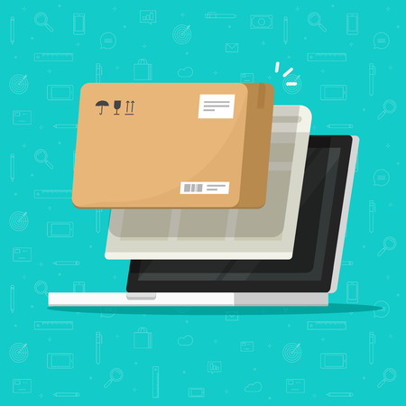 Parcel delivery tracking on laptop computer vector illustration, flat cartoon pc with package box received on screen with browser window, concept of online shipping serviceのイラスト素材
