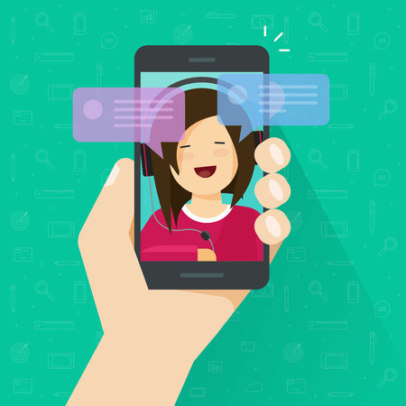 Chat on smartphone vector illustration, flat cartoon messages notification bubbles on mobile phone screen and happy girl person on screen, chatting on cellphone with woman isolatedのイラスト素材