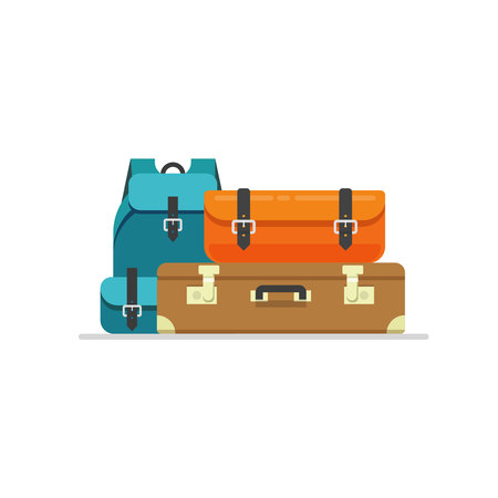Luggage isolated vector illustration, flat cartoon travel suitcase, bag or handbag and backpack baggage ready for tripのイラスト素材