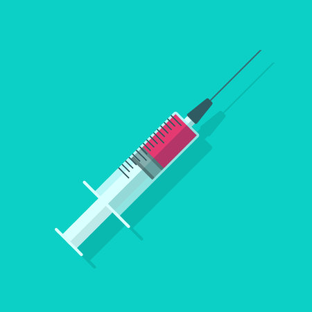 Syringe vector illustration, flat cartoon medical needle icon with full of vaccine or blood, clinical injector or squirt isolatedのイラスト素材