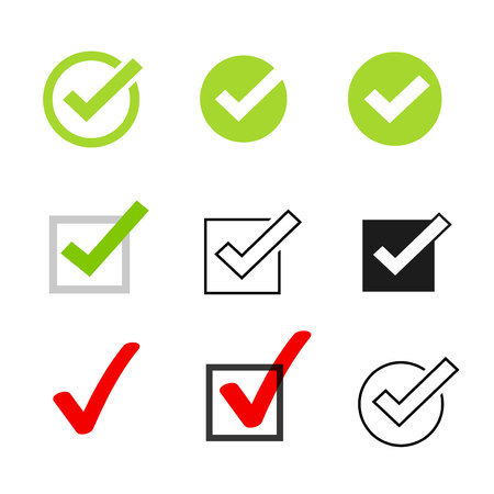 Tick icons vector symbol set, checkmarks collection isolated on white background, checked icon or correct choice sign, check mark or checkbox pictogramのイラスト素材