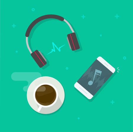 Mobile phone playing music via wireless headset vector illustration, musing or podcast listening via smartphone headphones and coffee cup on table desk top view, concept of relax, entertainment timeのイラスト素材
