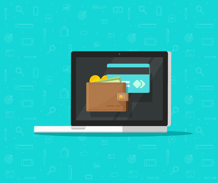 Electronic wallet on laptop computer vector icon, flat pc screen with digital money wallet and credit card, internet banking concept, wireless money transfer, internet cash 3dのイラスト素材