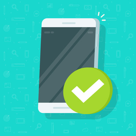 Smartphone checkmark vector icon, flat cartoon mobile phone approved tick notification, idea of successful update check mark, accepted, complete action on cellphone, yes or positive voteのイラスト素材