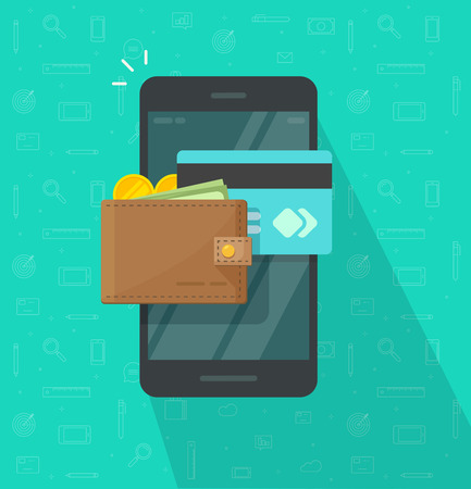 Electronic wallet on smartphone vector icon, flat cartoon design mobile phone screen with digital money wallet and credit card, internet banking, wireless money transfer, cellphone internet cashのイラスト素材
