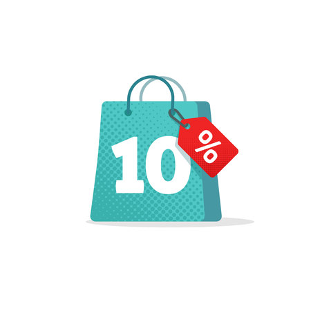 Sale tag vector badge template, 10 off sale label symbol, 10 discount promotion flat icon, clearance sale sticker emblem, bargain blue sign shopping bag design isolatedのイラスト素材