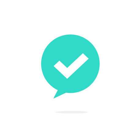 Checkmark on bubble speech vector icon, flat design of correct symbol with tick, idea of done vote notification, approved note or positive choice isolated on whiteのイラスト素材
