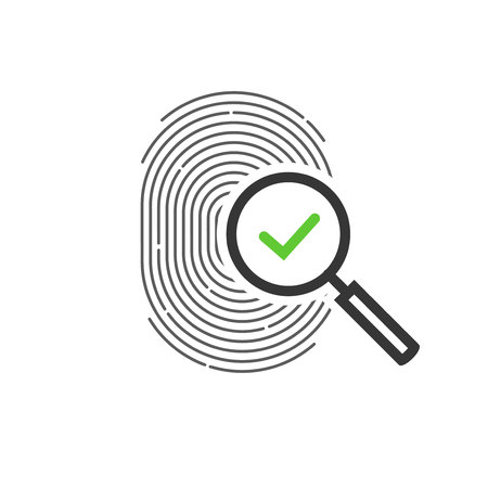Fingerprint identification check or access approved vector icon, line outline art design of thumb print and magnifying glass with checkmark symbol, accepted identity scan pictogram isolatedのイラスト素材