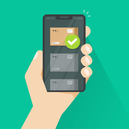 Parcel tracking or delivered via smartphone vector illustration, flat cartoon cellphone shipment track app, mobile phone with carton package box and checkmark on screenのイラスト素材