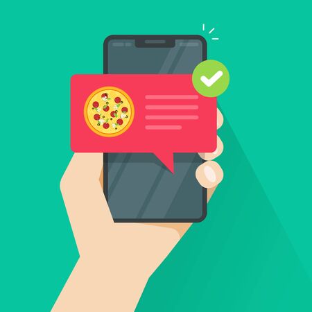 Phone with pizza on screen vector illustration, flat cartoon cellphone with food delivery notification, smartphone with bubble speech and tickのイラスト素材