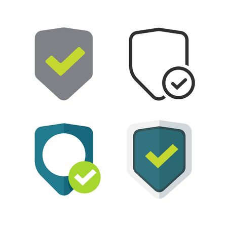 Shield icons set vector symbols, flat cartoon and line outline art security protection or privacy pictogram with checkmarks and ticks, guarantee shield badge or   idea isolatedのイラスト素材