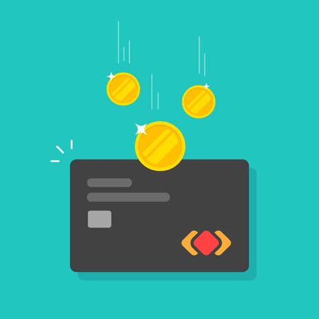 Money refund or cashback idea on credit card vector illustration, flat cartoon debit card with electronic cash income, concept of revenue on digital wallet or internet transaction isolated signのイラスト素材
