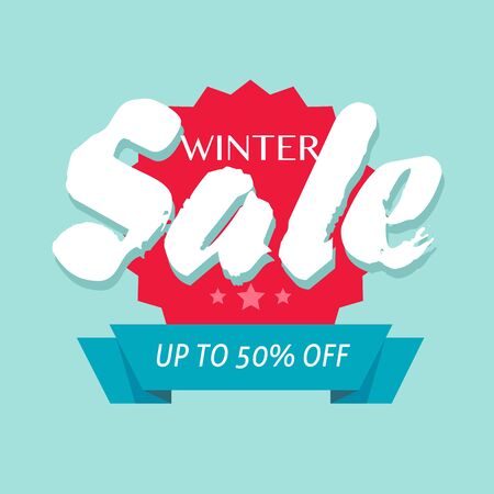 Winter sale off or seasonal discount banner design vector symbol, flat cartoon promotion or clearance background template sign with up to 50 percent off, clearance special offer blue red colorのイラスト素材