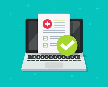 Medical prescription digital document or online test results report on laptop computer screen vector flat cartoonのイラスト素材