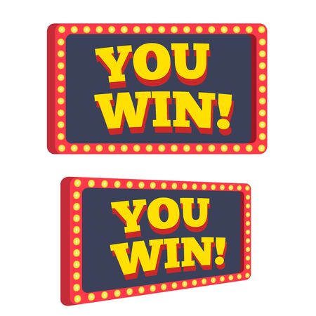 You win text announce on retro or vintage light bulb frame banner vector illustration flat cartoon, idea of success achievement or jackpot prize messageのイラスト素材