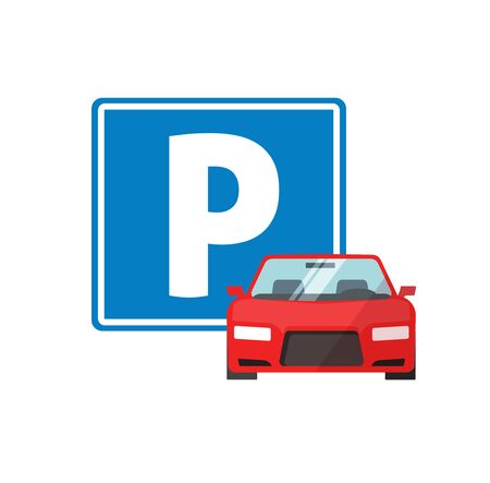 Parking road sign with car vehicle or automobile park location area vector illustration flat cartoon isolatedのイラスト素材