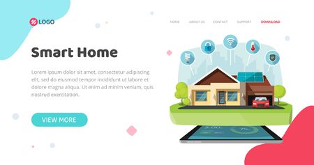 Smart home of house control technology or automation wireless security banner or website template design vector flat cartoon, web site landing page or flyer modern trendy mockupのイラスト素材