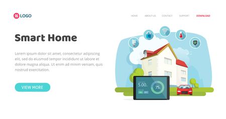 Illustrazione per Smart home or house control technology or automation wireless security banner or website template design vector flat cartoon, modern trendy web site landing page or flyer modern trendy mockup - Immagini Royalty Free