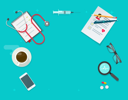 Medical clinic working table desk or doctor place of work top view copy space vector illustration flat cartoon, modern design of doctor workplace or workspace above with patient health documentsのイラスト素材